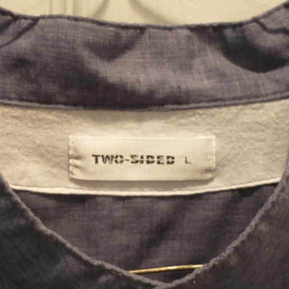 TWO-SIDED Button Down Banded Collar Men's Long Sleeve Shirt, Size Large, Blue - Picture 2 of 5